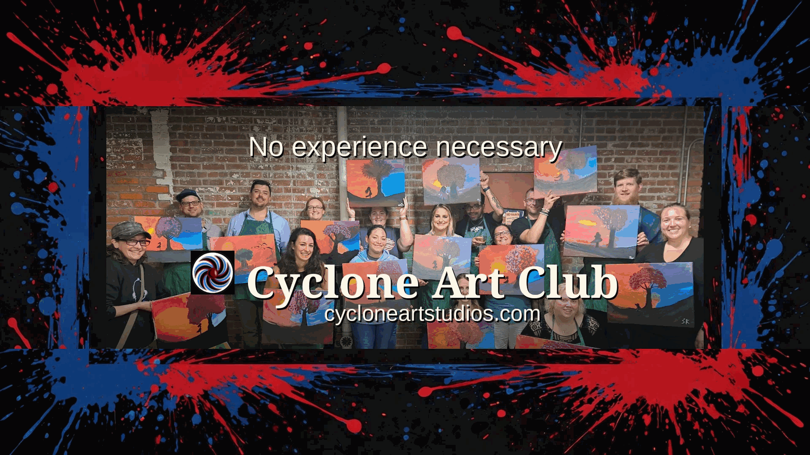Cyclone Art Club painters holding their finished paintings, no experience necessary