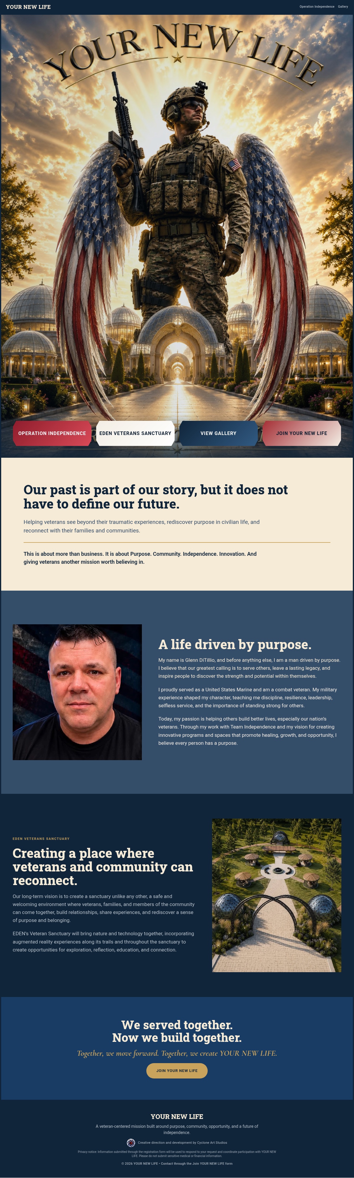 Newest YOUR NEW LIFE Framer homepage with mission, founder story and sanctuary vision